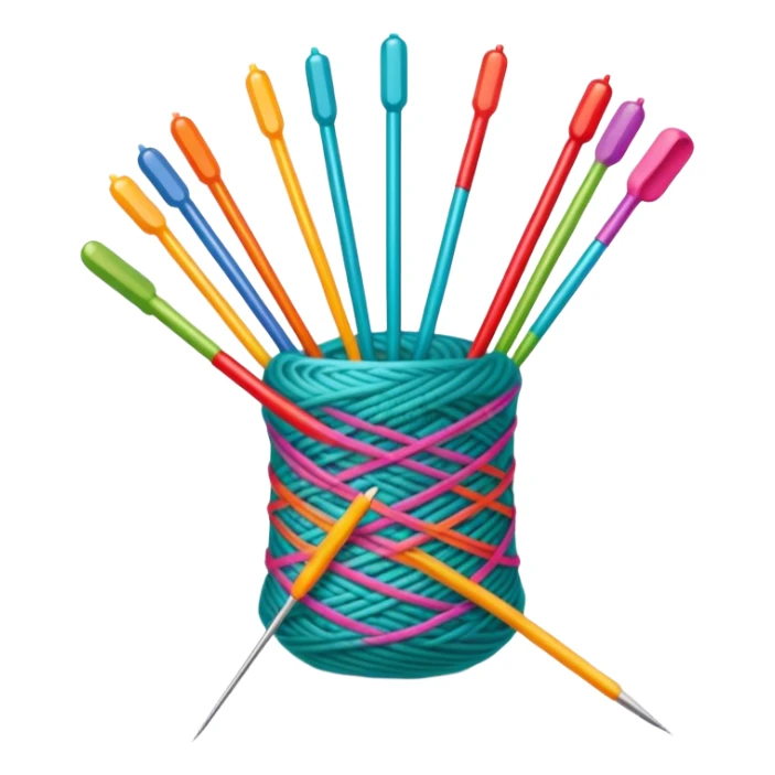Knitting icon, knitting needles, colorful yarn, partially knitted fabric, minimalistic style, clean lines, transparent background. sticker