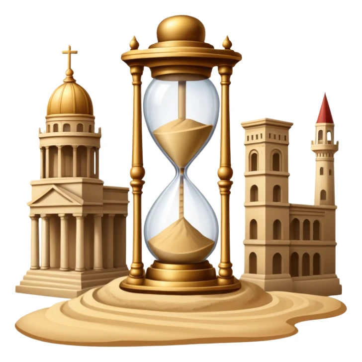 icon featuring ancient scrolls, quill pen with famous historical landmarks and monuments in the background. Large, antique sand clocks with sand pouring out represent the passage of time. Historical figures are depicted as statues. Transparent background. sticker