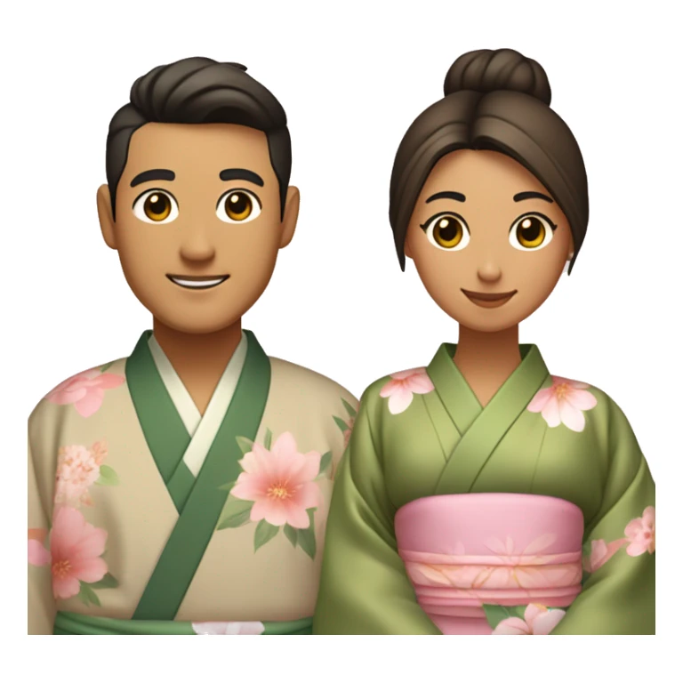 asian couple - medium skin man with center split slightly wavy hair wearing kimono with olive green inside and brown outside, light medium skin woman with a low bun and flowers in her hair wearing light pink kimono with pastel florals of different colors sticker