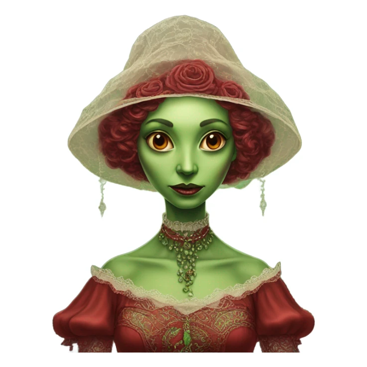 a green amazon alien woman in Victorian red sticker
