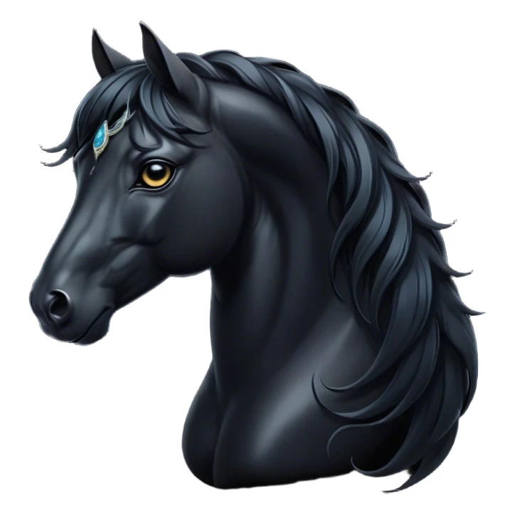 Cinematic Elegant Black Horse Portrait Emoji, Head held high with a serene, powerful gaze, showcasing a magnificent jet-black fur with a radiant, glossy finish, a flowing mane and tail, and piercing dark eyes exuding beauty and strength, Simplified yet majestically refined features, highly detailed, glowing with a soft, ethereal light, high shine, poised and breathtaking, stylized with an air of pure elegance, capturing the essence of a stunning and graceful steed, so beautiful it feels like it could gallop out of the screen with effortless charm! sticker