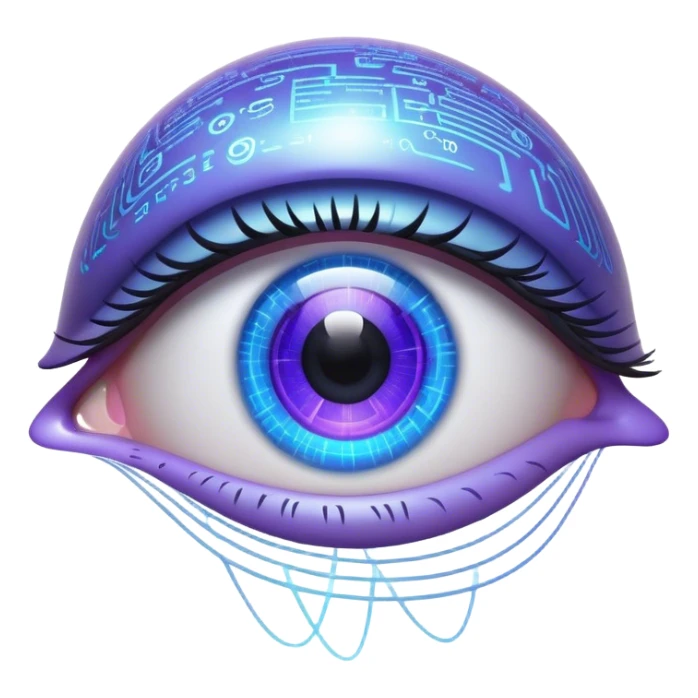 Futuristic emoji: a human eye displaying a digital interface with holographic data, neural patterns, and code. Sci-fi aesthetic with a glowing blue-purple color scheme, realistic details sticker