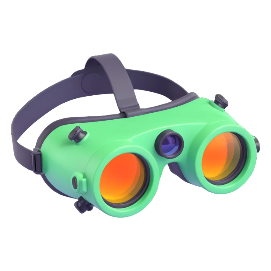 cartoon night vision goggles, 3D toon style, shiny and fun, black background sticker