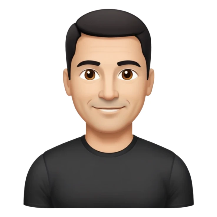 Broad-shouldered Hispanic man in his 50s, light brown complexion, square face with defined jawline, very short black hair with tight fade, thick straight eyebrows, medium dark eyes with vibrant look, wide nose, confident smile, wearing black fitted athletic shirt sticker