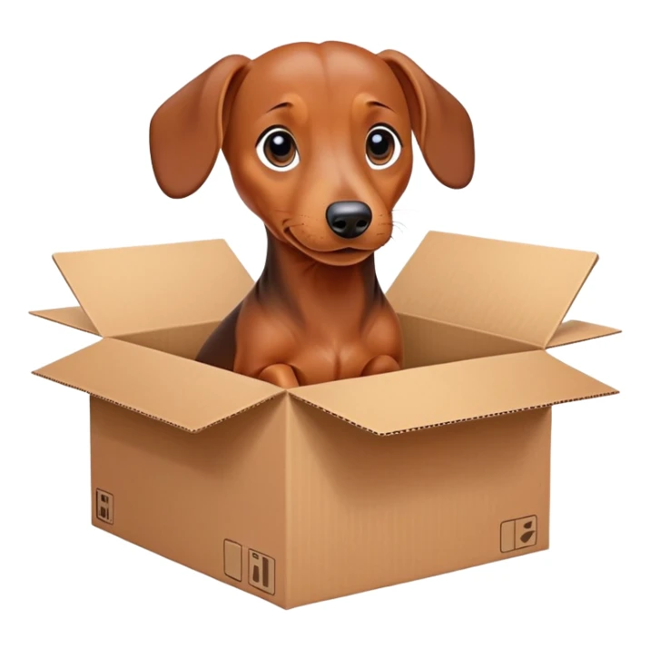  A very cute young Dachshund  with one's head tilted to one side poked its paws out of the cardboard big box and placed them on top of it sticker