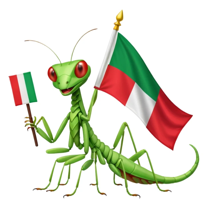 A happy praying mantis holding and a Italian and Myanmar flag  sticker