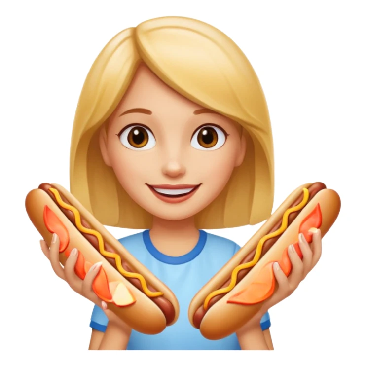 A girl holding two hot dogs, smiling proudly before eating.






















 sticker