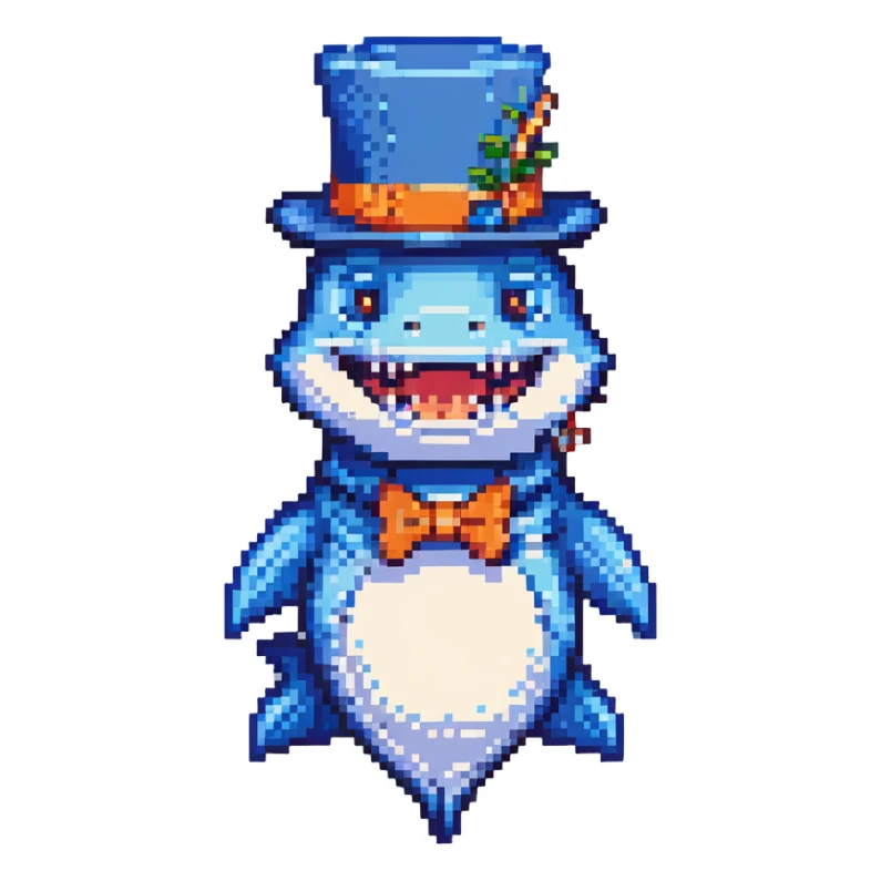 pixel art shark with blue tophat smiling sticker