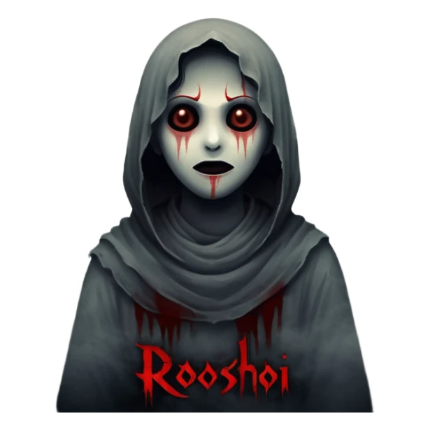 Dark horror wallpaper, 1080x2400, smoky grey charcoal background, subtle eerie light, misty fog, floating dust ("dhoasha dhoasha"), centered text "ROJONI" in distressed horror font, faint red smears, cinematic grain, spooky vibe --ar 9:20 --v 5 sticker