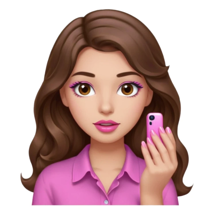 girl with long wavy brown hair, brown eyes, light to medium complexion, in a pink shirt, pink lips, long lashes, puckered lips, showing off a pink manicure sticker