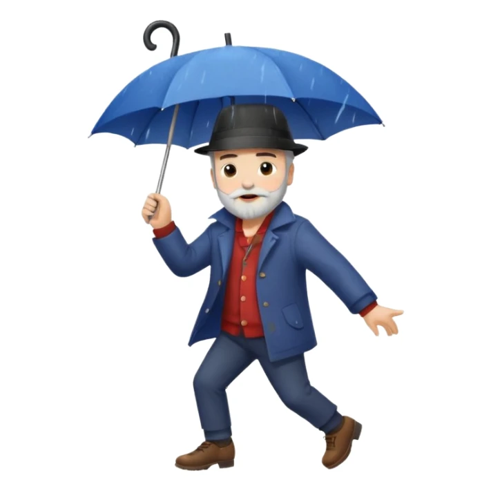 A dark-haired boy with a white beard dancing with an umbrella in the rain sticker