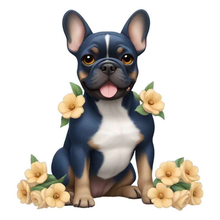 dark blue and tan french bulldog holding flowers sticker