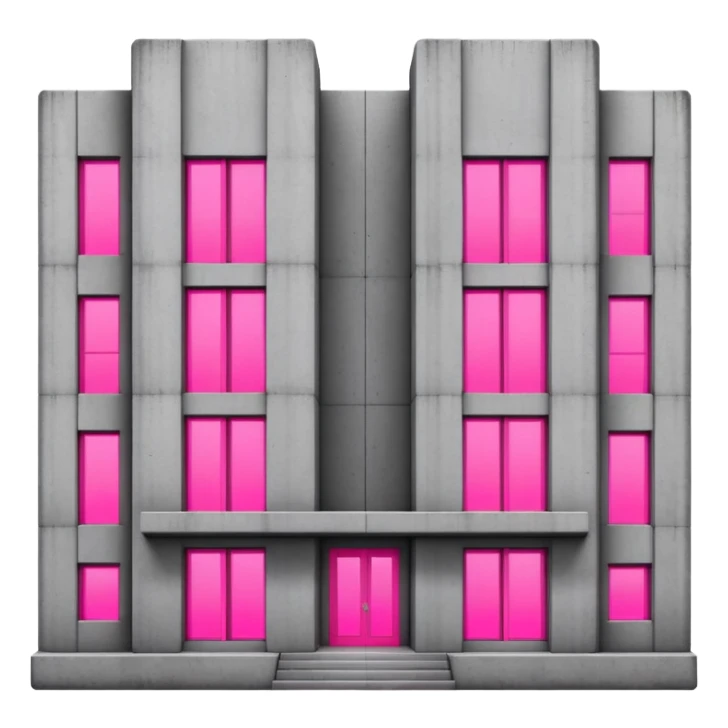 brutalist gray concrete block building with two neon pink windows and many normal windows sticker