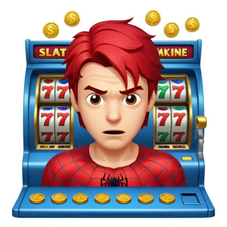 disheveled spiderman losing money at a slot machine, panicked face, coins flying sticker