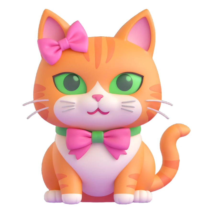 3D iOS style cat with a pink bow, green eyes, and light orange fur sticker