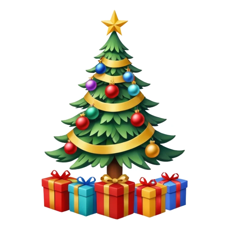 Christmas tree with decorations and ribbons, it has a star on top, at the base of the tree there are gifts. sticker