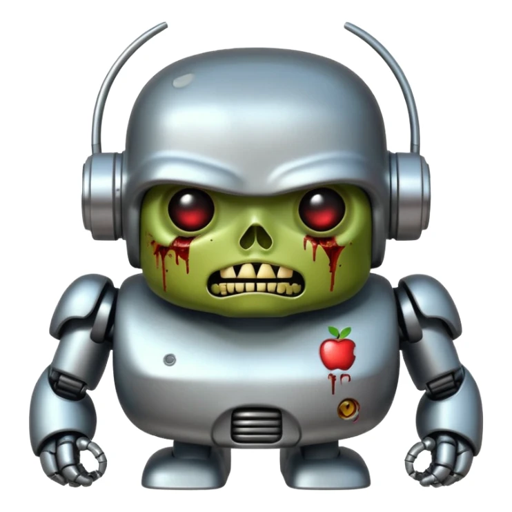 Apple emoji-inspired fat zombie robot terminator, straight front view, shiny surfaces, expressive face, transparent background sticker