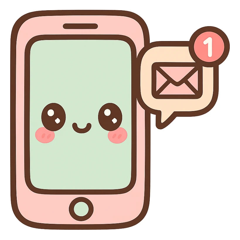cellphone with an unread message notification, kawaii chibi anime style, flat pastel colors, thick outlines, simple cute features sticker