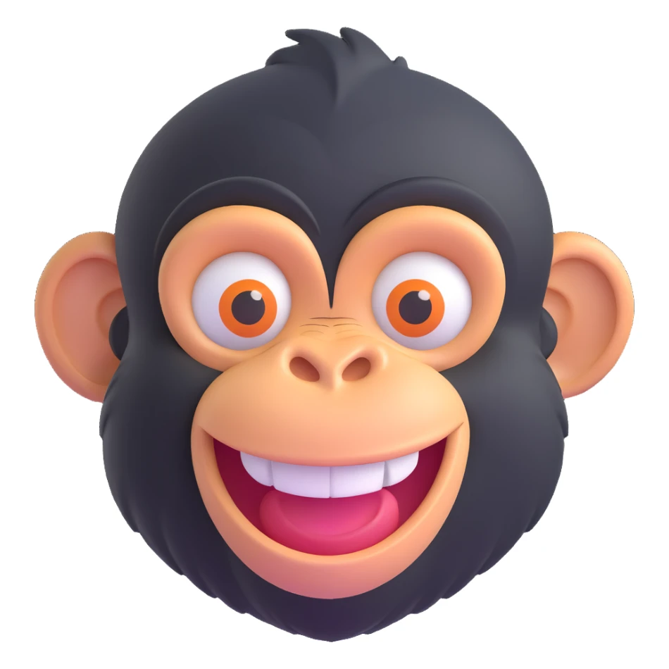 3D emoji style chimpanzee face, big smile, playful look sticker