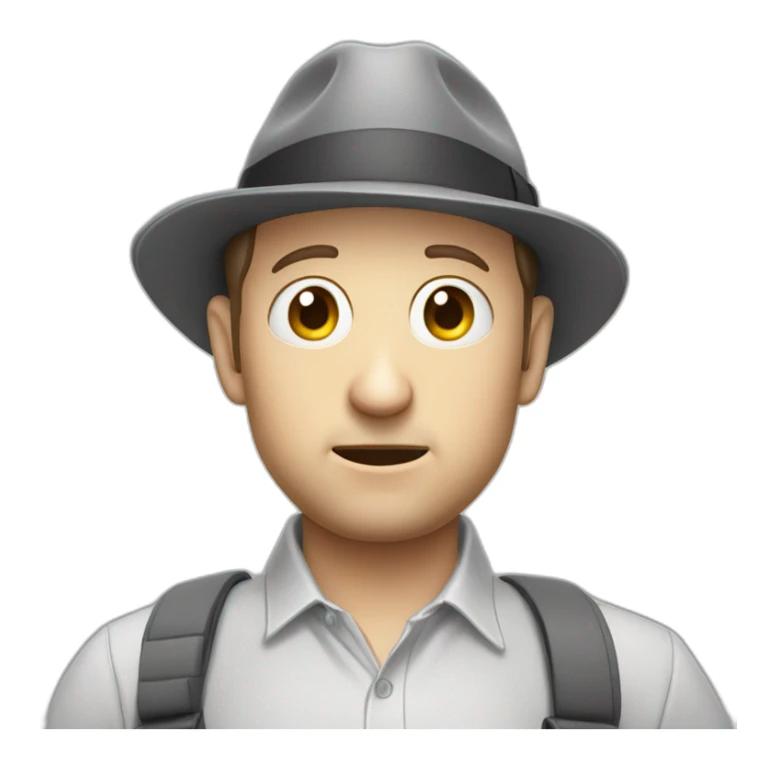 tim robinson wearing a grey fedora with a grey flap on the back white shirt looking scared sticker