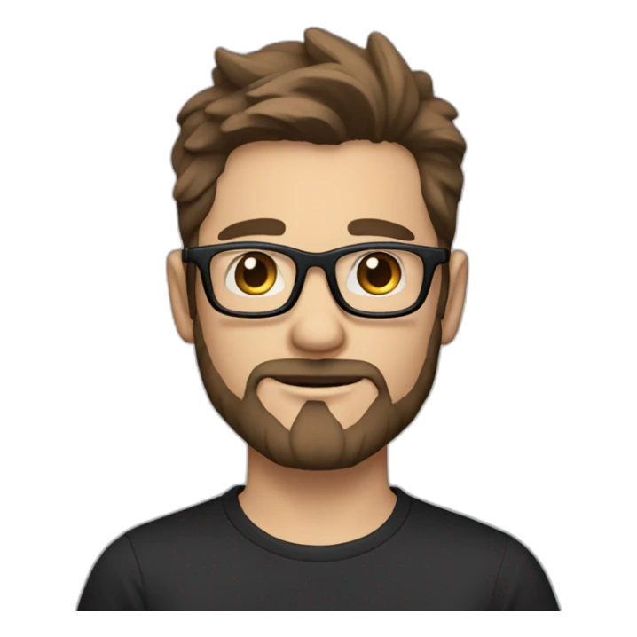 handsome guy with straight long brown hair blue eyes and transparent glasses with beard and black tshirt sticker