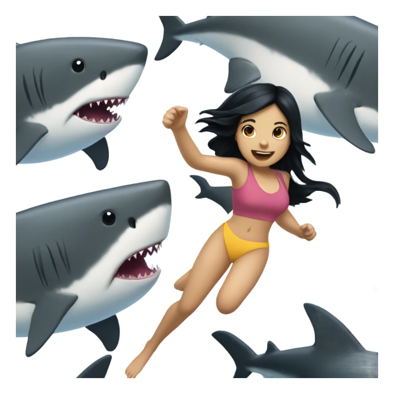 Girl with black hair swimming from a shark  sticker