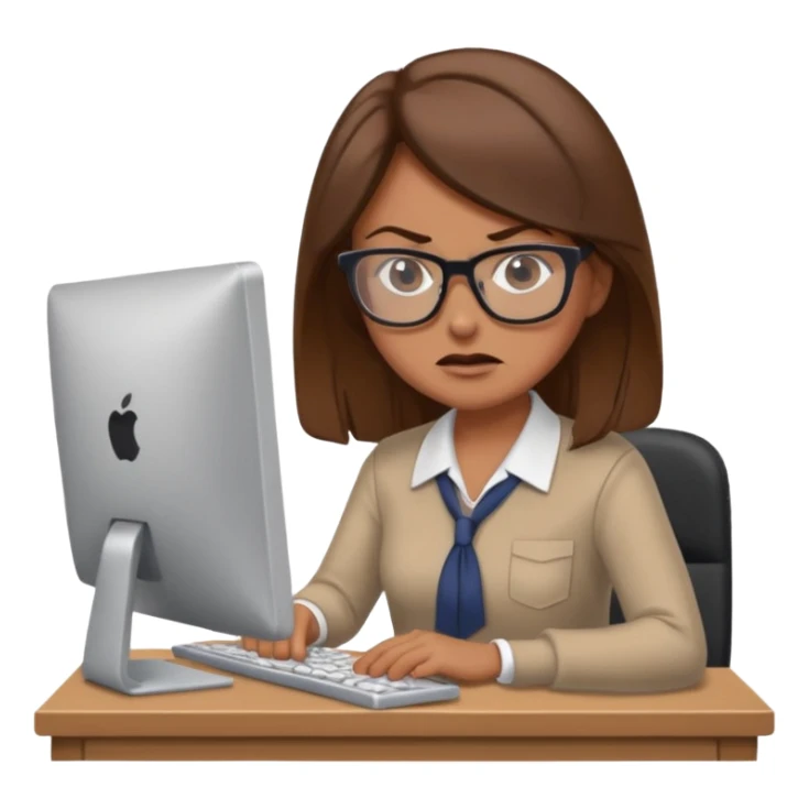 Uma mulher de cabelo castanho que é professora e um pouco brava a trabalhar no computador sem usar óculos sticker