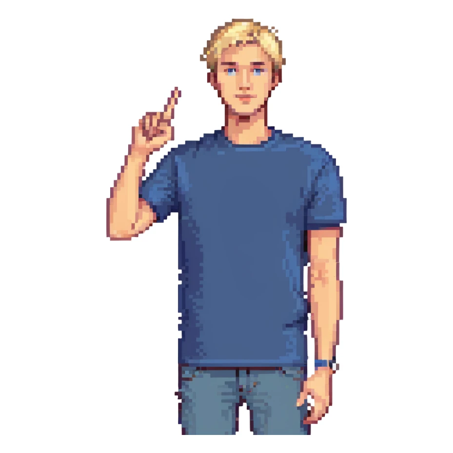 Flat pixel art, confident male leader, Caucasian, short neat blonde hair, sharp eyes, indigo T-shirt, one arm raised gicing direction, waist-up, front-facing sticker