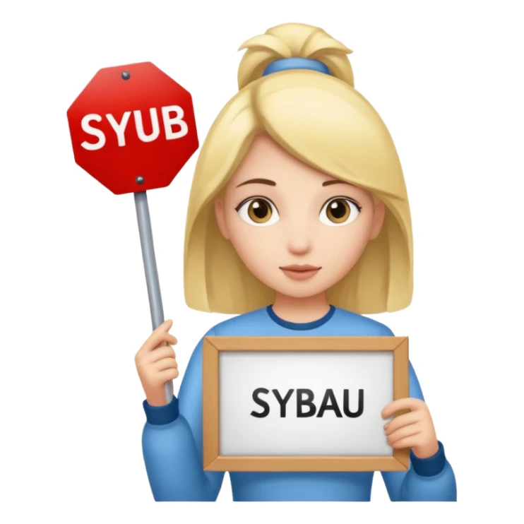 Girl holding sign that says SYBAU sticker