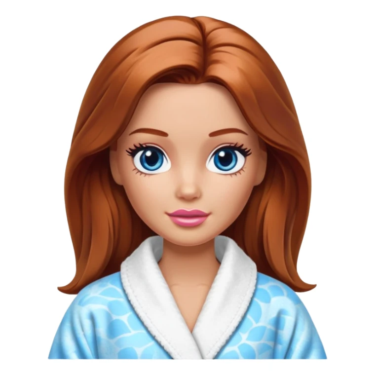Barbie's face eyes blue with shoulder-length reddish-brown hair, makeup, cream smeared on her face , in a bathrobe with sticker