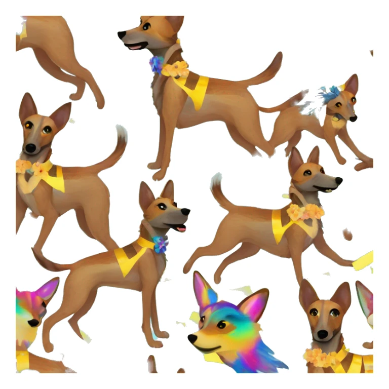  brindle brown black maroon striped lurcher Alsatian fox running blue eyes and iridescent holographic oilslick harness wearing paper iridescent tropical flower crown yellow caution tape sticker