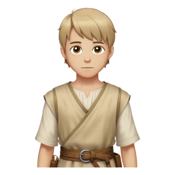 medieval summer outfit worn by a DnD themed fantasy male character. basic sleeveless tunic made of thin hemp fabric, tied at the waist with a cloth belt. clothes only above the waist. The clothes full waist. The character's haven't arms. character is white-skinned, light brown hair, hazel eyes, short straight hair. sticker