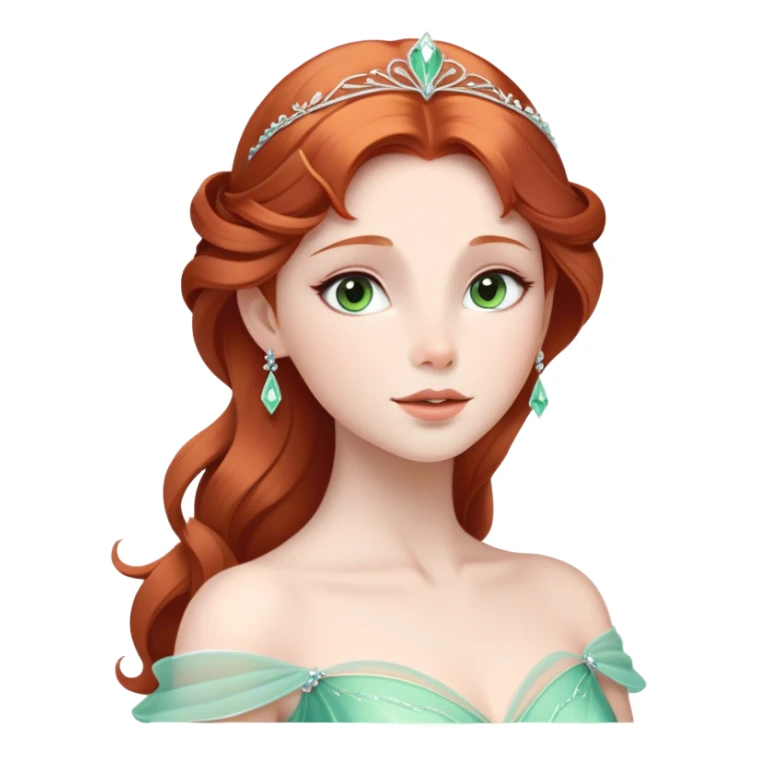 Cinematic Timeless Sleeping Beauty Portrait Emoji, rendered in a clean, vector style. Depict Aurora with delicate porcelain skin, elegantly arranged auburn hair, and a serene, graceful expression, dressed in her iconic gown. The design features bold, simplified shapes, a soft, enchanting glow, and a subtle glowing outline, capturing her timeless, fairy-tale beauty. sticker
