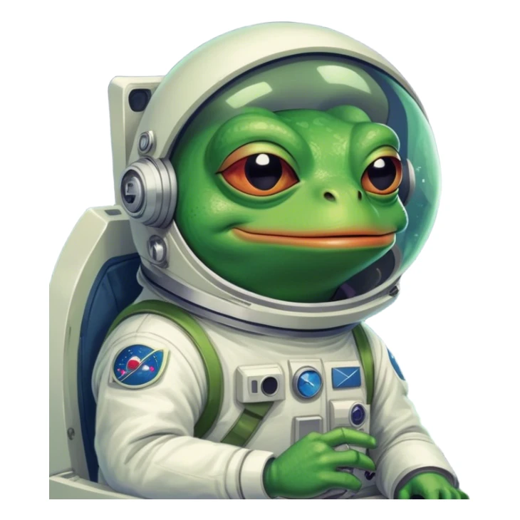 Pepe the Frog as a trader, with charts on the screen, in space with a rocket, meme art style, hilarious and bright sticker