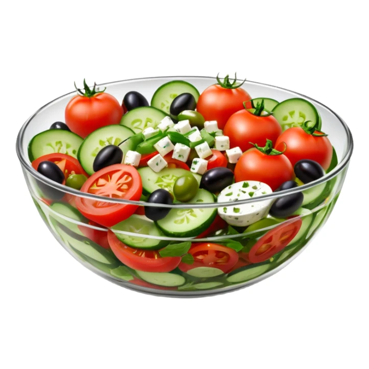 mediterranean salad bowl object icon, served in a transparent glass bowl, tomatoes, cucumbers, olives, feta cheese, olive oil dressing, glossy fresh look, 3D cartoon, mobile game icon style, centered, clean background, soft shadow, no text, no watermark sticker