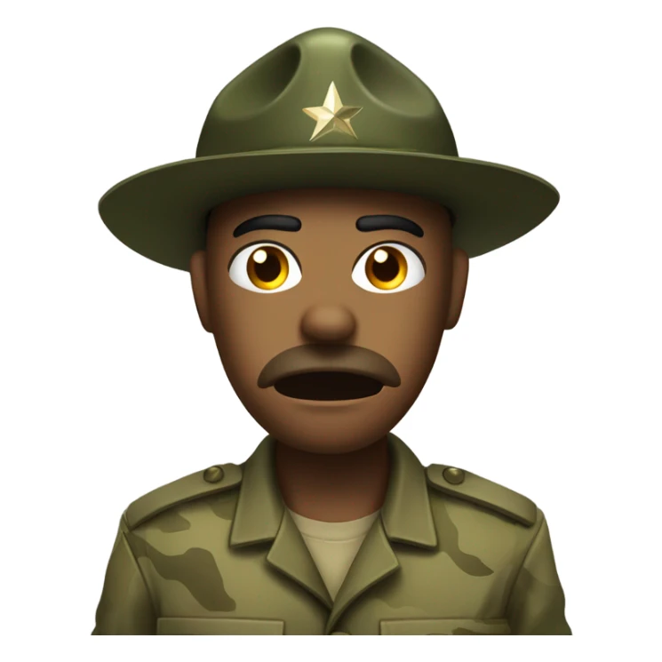 drill sergeant character wearing a classic sergeant hat and a camouflage army shirt. The character should have an angry intense expression. full torso sticker
