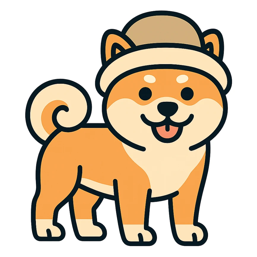 Akita Inu with a curled tail and a hat on its head, keep the current style, transparent background. sticker