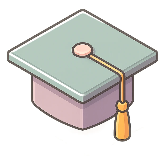 academic graduation cap with golden tassel, 2D isometric style, sharper angles, high detail, pronounced shadows and highlights, clean lines, minimalist eastern accent, pastel palette #98B5BC, #B5B3C1, #C9A3C9, #E4C0CA, #F7DCD1, #F7C0AA, transparent background sticker