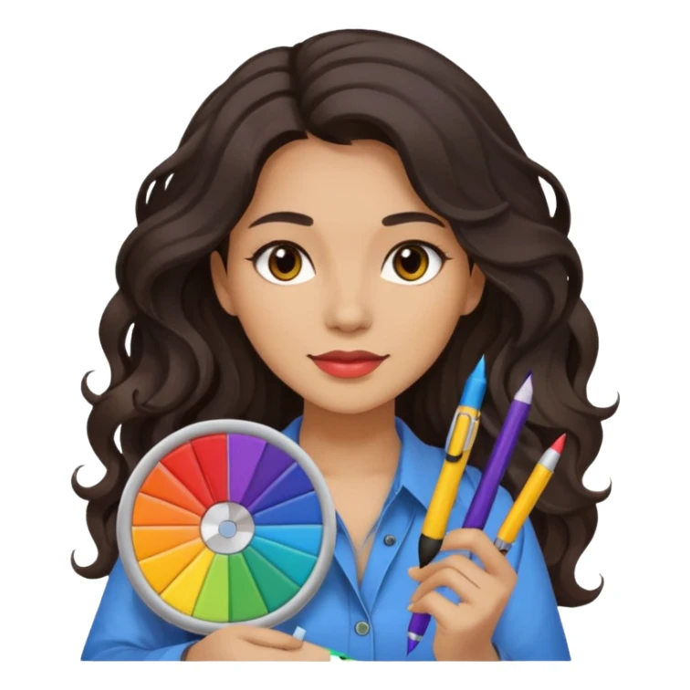 female dark wavy long hair graphic designer , color wheel, pens, papers sticker