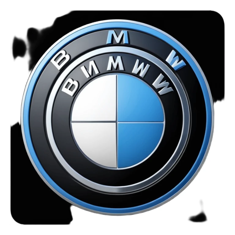 A clean, circular car logo inspired by BMW, with a black outer ring, inner circle divided into four equal quadrants, alternating blue and white colors, bold white letters on the black ring, glossy finish, minimal background, high resolution, professional automotive logo style sticker