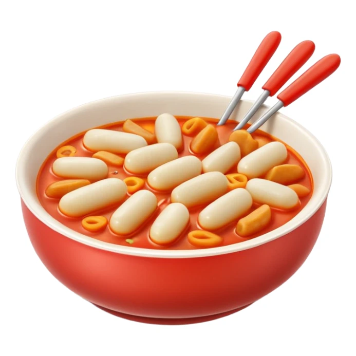 Apple emoji style, bowl of tteokbokki, glossy 3D, soft shadows, white background sticker