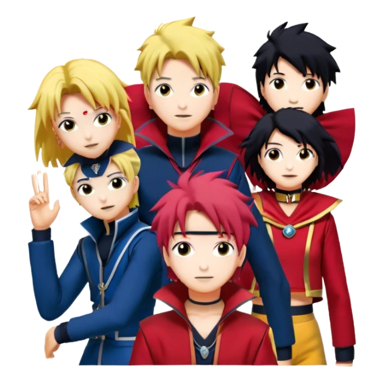 Icon for Anime Collage: Vibrant close-up collage Characters from Cowboy Bebop, Naruto, Bishoujo Senshi Sailor Moon and Kimetsu no Yaiba, each in their iconic poses and vibrant outfits, blended together with dynamic backgrounds. Transparent background. sticker