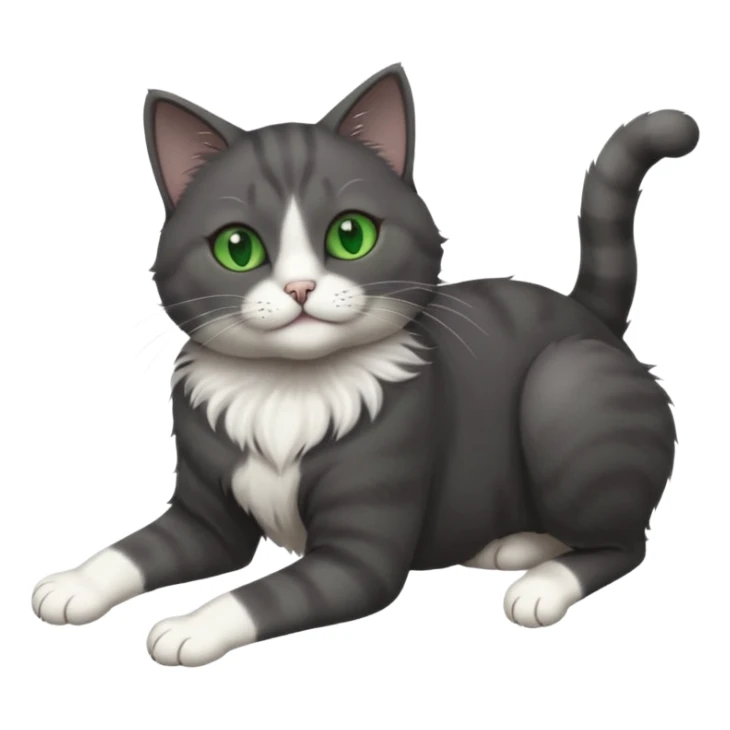 beautiful female solid dark grey cat with green eyes, white toes/paws and white patch on her chest rolling upside down sticker