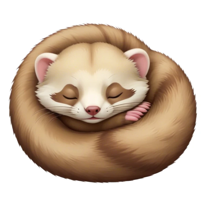 Meme-Worthy Cute Sleeping Ferret Portrait Emoji, Head resting peacefully with a contented smile, showcasing a long, flexible body curled up in cozy repose, luxuriously soft fur in warm brown and cream, and eyes gently closed in serene slumber, Simplified yet hilariously adorable features, highly detailed, glowing with a soft, drowsy natural light, high shine, relaxed and utterly lovable, stylized with an air of playful laziness, bright and heartwarming, soft glowing outline, capturing the essence of a sleeping ferret that feels destined to become the next viral sensation of adorable rest! sticker