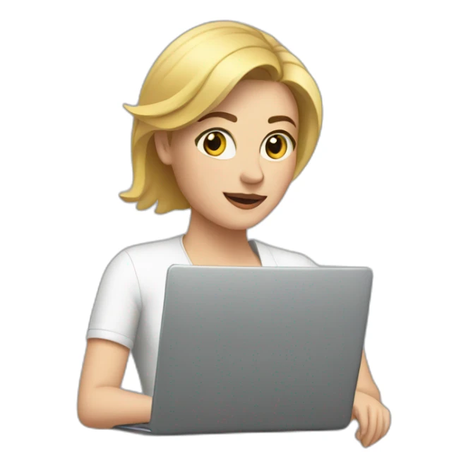 White woman on arms looking at a laptop sticker