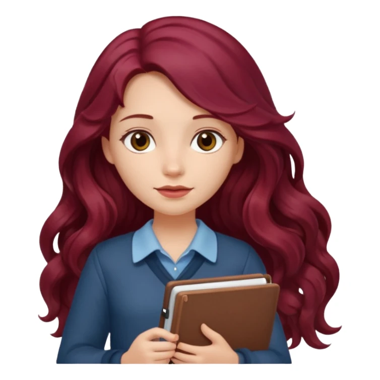 girl with long wavy burgundy hair and a notebook sticker