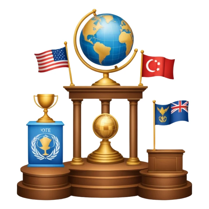 icon featuring podium with a speaker, national flags, and voting ballots, symbolizing political science. The design includes a globe and scales of justice in the background, representing governance, global affairs, and political theory. Transparent background emphasizes civic engagement and policy. sticker