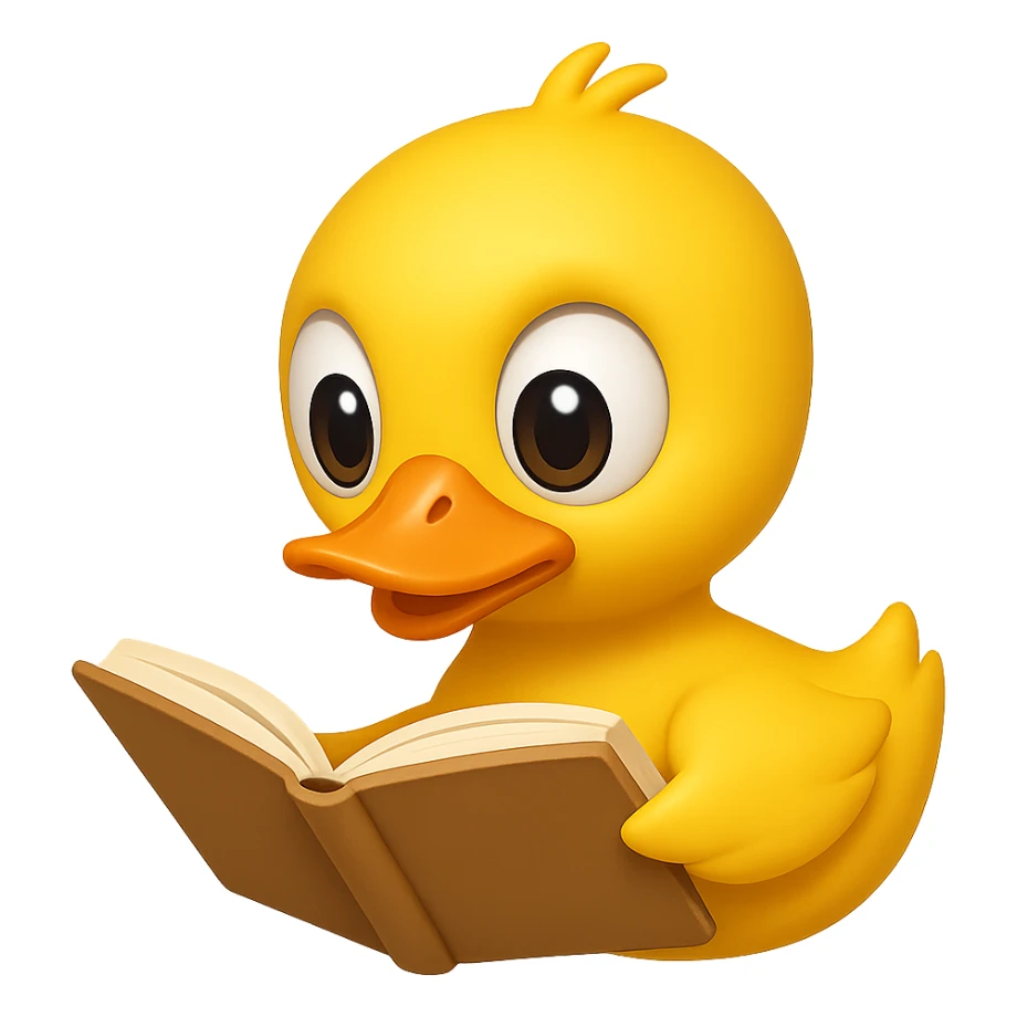 Edit the simplistic cartoony duck to be sideways like the normal duck emoji. The duck should be reading a book. Keep the style consistent with the original image and maintain a transparent background. sticker