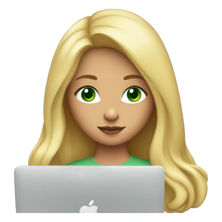 young blonde girl with green eyes sits at macbook sticker