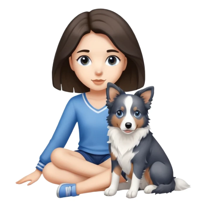 A girl sits with a Blue and white border collie sticker
